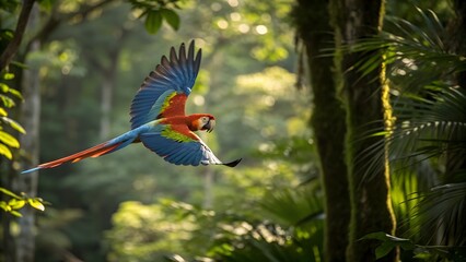 Blue And Yellow Macaw Ara Flying In The Jungle, Ai Generated