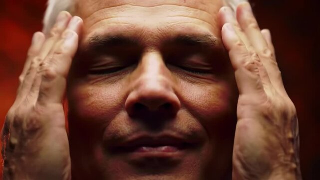 Man with eyes closed touching face with hands in meditation