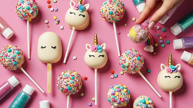 Colorful unicornthemed sweets and sprinkles flat lay with vibrant background