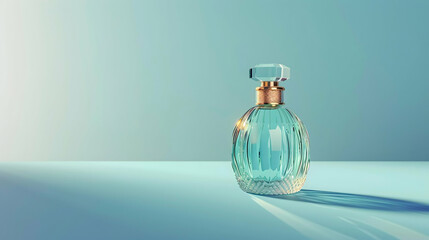 An elegant light blue fluted glass perfume bottle with a gold cap, isolated on a serene, reflective turquoise background.