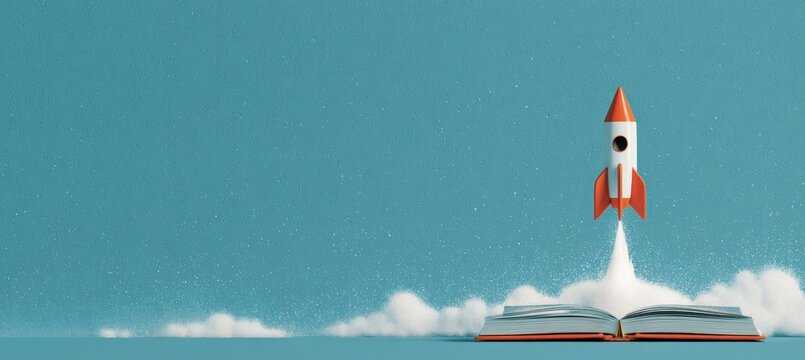 Rocket-Shaped Pencil Launching from Notebook in Flat Design Banner