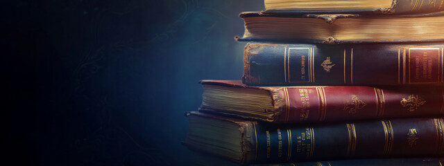 A stack of old leather bound books with gold accents on a dark background