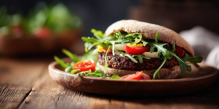 Delicious Veggie Burger with Fresh Ingredients on a Rustic Wooden Table