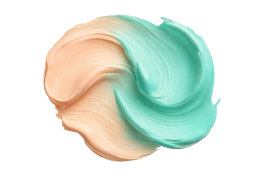 Swirl of peach and mint green creamy textures isolated on transparent background