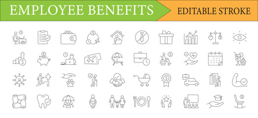 Employee Benefits Outline Icon Set Depicting Compensation Packages Available to Employees Health and Financial Security