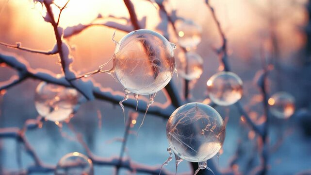 Frozen soap bubbles create intricate patterns as they settle on frosty branches, glowing warmly in the colorful sunset light