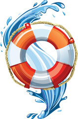 Floating Lifebuoy Surrounded by Playful Water Splashes