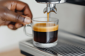 Espresso being extracted into a clear glass cup by a machine, with a hand holding the cup in place. Aromatic, intense, and perfect for a quick pick-me-up.