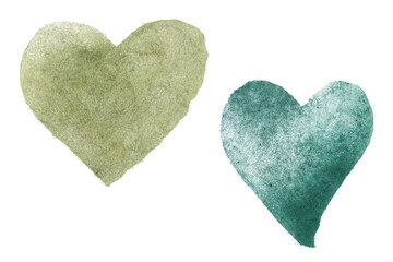 Hand-painted green watercolor heart with organic texture. Ideal for eco-friendly packaging, cosmetic branding, greeting cards, and extended licenses. Unique artistic style on paper texture.