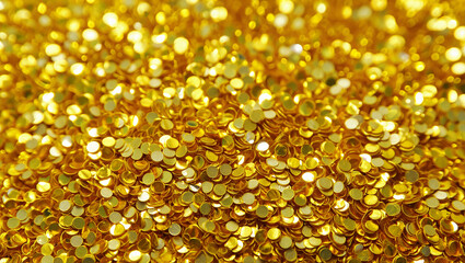 A close up macro view of a pile of shiny gold sequins