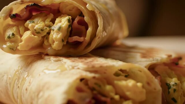 Pile of breakfast burritos filled with bacon and scrambled eggs