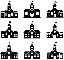 Fototapeta premium Set of Nine School Building Illustrations Standing Tall in Black and White