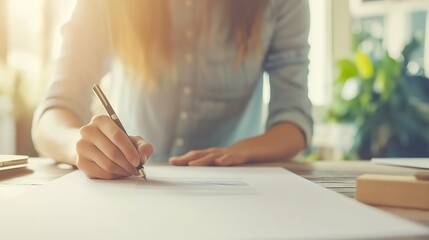 A woman architect drawing sketch on blueprint paper. Concept of design engineer