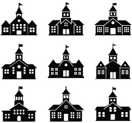Fototapeta premium Nine Black and White Silhouette Illustrations of Different School Building Designs
