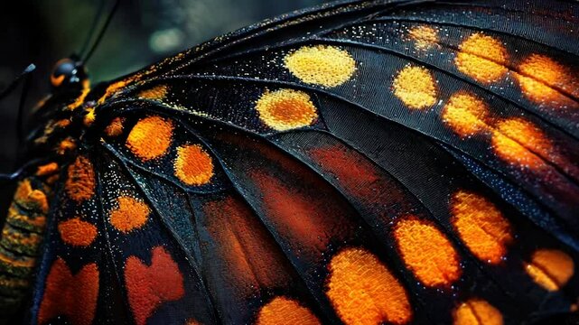 Close-up of a butterfly wing, showcasing intricate dark and orange patterns