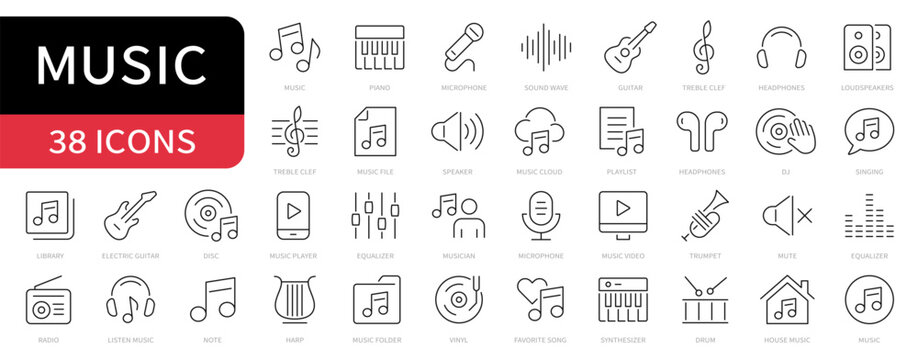 Music simple line icons set. Playlist, musical instrument, piano, radio, guitar, speaker, sound editable stroke icon. vector