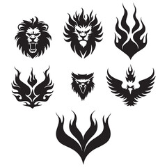 Naklejka premium Collection of stylized black animal and flame tribal tattoo designs on a white background