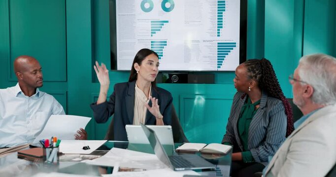 Collaboration, meeting and steps with financial team in boardroom for investment or trading. Chart, infographic and growth process with business people in office for finance or risk management - Powered by Adobe