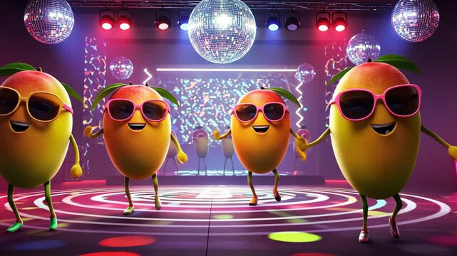 Dancing mangoes party in disco setting with colorful lights and groovy vibes