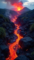 Obraz premium Dramatic Lava Flow on Hawaiis Big Island Molten Rock Meets Lush Green Landscape