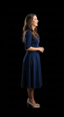 Naklejka premium Elegant American Woman in Blue Dress Outfit Studio Portrait on Black Background