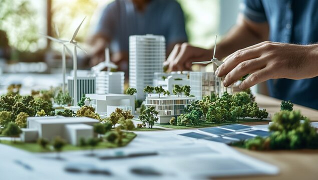 Engineers collaborating on sustainable architecture model with wind turbines, solar panels, and green building design in office