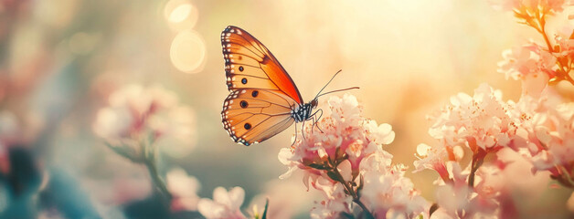 Close up of a monarch butterfly resting on pink flowers in a soft background