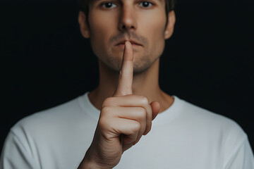 Man Signals Silence: A striking portrait of a person with a finger to their lips, urging quiet. Minimalist white tee against a dark backdrop.