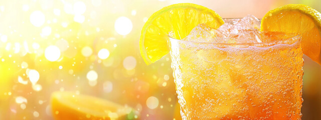 Close up of a refreshing orange cocktail with ice and citrus fruit garnish