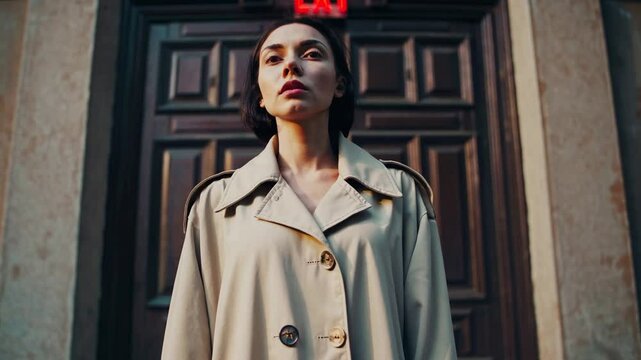  Femme d&eacute;termin&eacute;e devant une porte sombre avec lumi&egrave;re 