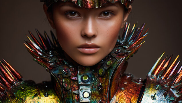 Woman in futuristic armor with rainbow-colored spikes.