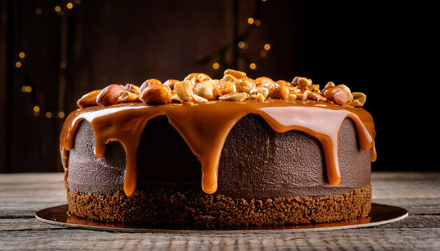 delicious chocolate snickers cake with lots of peanuts topped with melted caramel