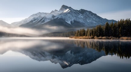 Majestic mountain peak reflected in tranquil lake, surrounded by lush forest and shrouded in soft morning mist, creating a serene and picturesque landscape