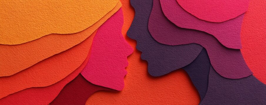 Colorful layered paper art depicting a minimalist kiss