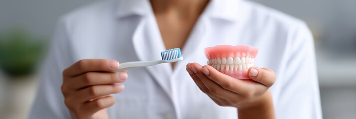 Female dentist demonstrating proper brushing technique with model teeth in dental office