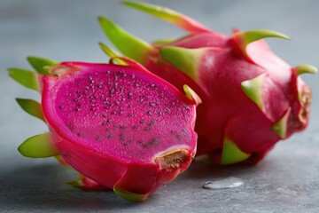 Vibrant pink dragon fruit display with juicy flesh and green scales