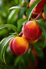 Obraz premium Ripe red and yellow peaches on a tree with green leaves in a lush garden setting