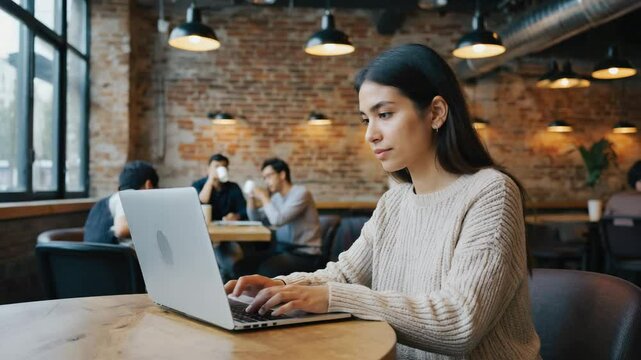 Woman working on laptop in cozy cafe