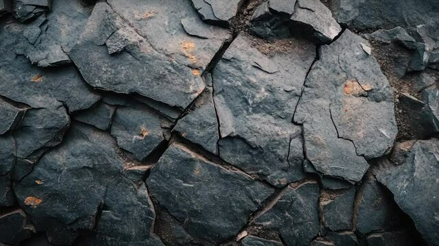 Dark, cracked rock surface texture with deep crevices and muted orange speckles