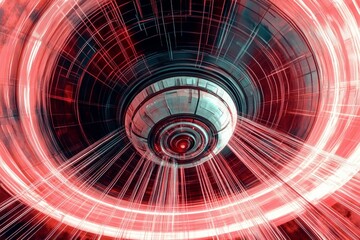 Futuristic UFO hovering in a vibrant red and black space, with intricate light trails and circular patterns, creating a sense of motion and mystery in the cosmic environment. UFO Day