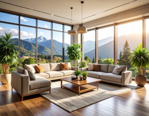 Fototapeta premium Interior of Luxury Living Room with Floor-to-Ceiling Windows Overlooking Mountain Landscape