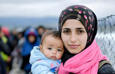 Refugee mother holding her baby near barbed wire fence,looking determined despite hardships,concept maternal strength,maternal protection during forced migration,child protection,hope for the future