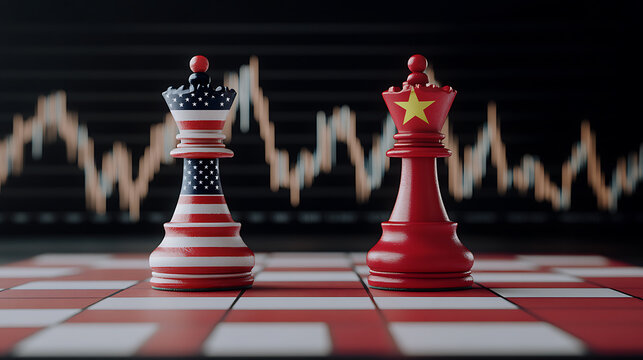 International relations chess match. Queen chess pieces face off. Flags symbolize nations amidst stock market lines, representing competition, negotiation, and strategy.