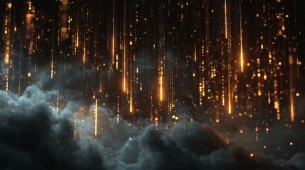 abstract ai data cloud with binary rain and glowing glitch pixel fragments