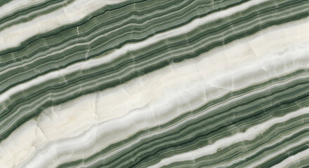 Green onyx marble with white and dark green banded patterns, polished surface, luxurious and natural stone for wall or flooring projects.

