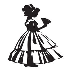 Elegant silhouette of a woman in a victorian dress holding a fan