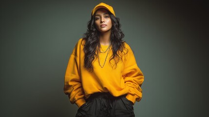 indian girl in yellow cap and oversized outfit standing confidently on grey backdrop