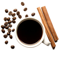 Obraz premium A steaming cup of coffee surrounded by coffee beans and cinnamon sticks on a bright transparent surface, Cup of hot coffee and other ingredients over transparent background