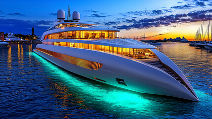 Fototapeta premium Luxury Yacht at Sunset Elegant Vessel in Calm Waters