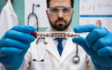 High tech laboratory with scientists working on test tube, research medicine, health analysis, graphic design illustration wallpaper 